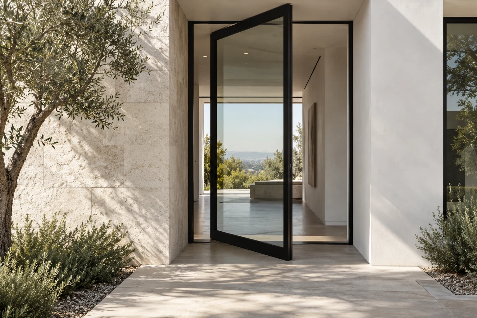 Pivot glass entry door in a minimal courtyard