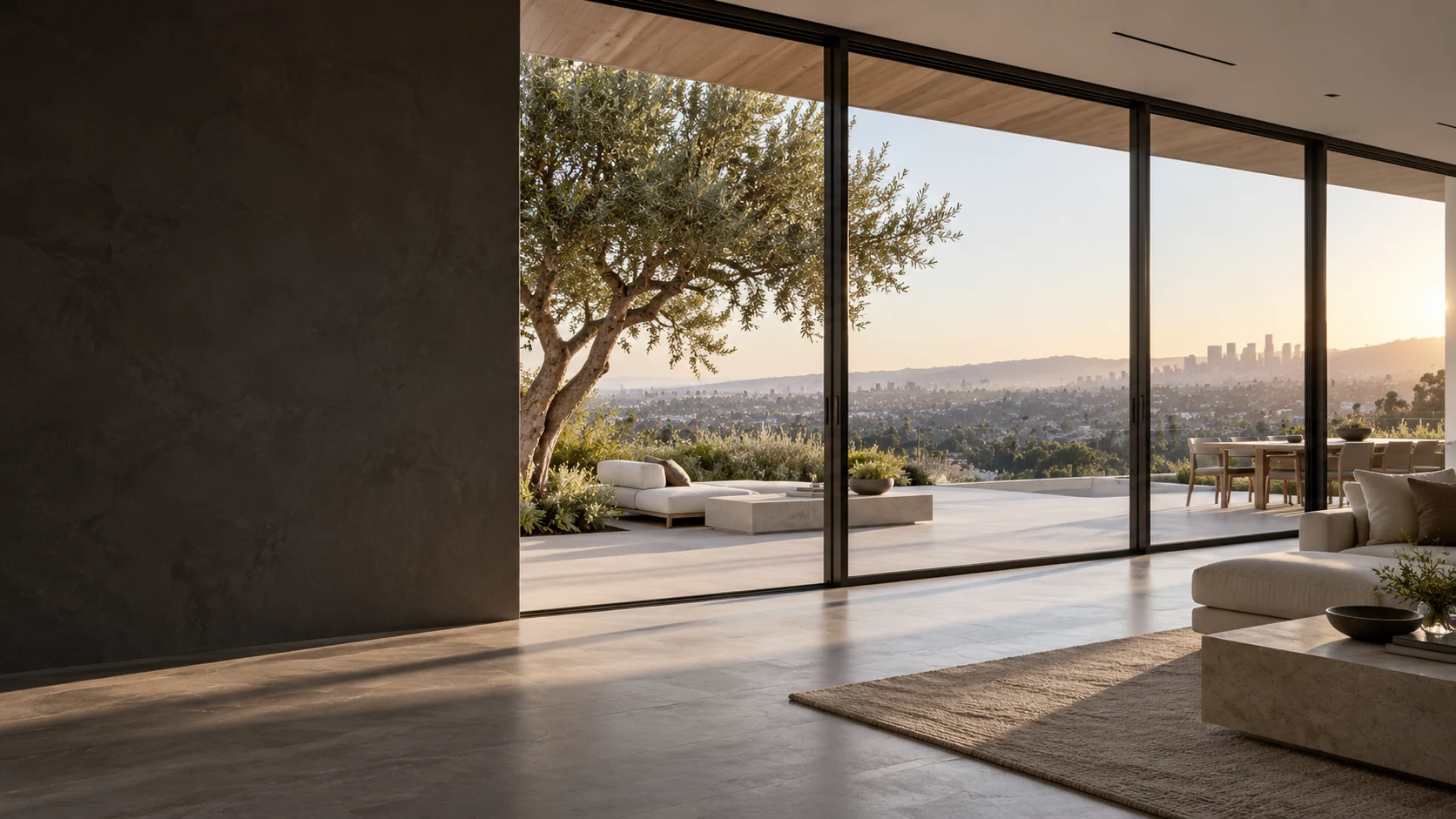 Contemporary home with slim black framed glass doors opening to a sunlit terrace